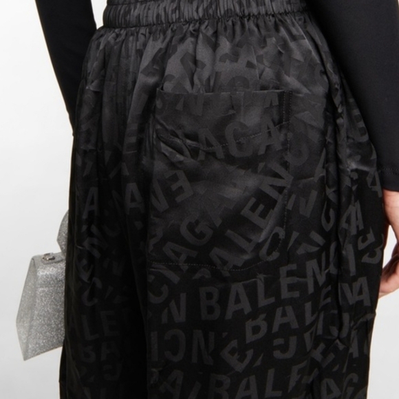 Balenciaga Women's Black Silk Logo Wide-Leg Pants - Picture 4 of 5